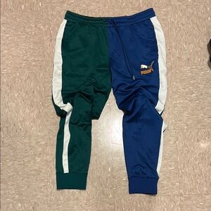 Puma Green and Blue Jogger Sweatpants with Color-Block Design